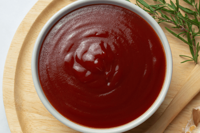 A close-up view of a bowl of Milo's Sauce, a thick, smooth red sauce placed on a wooden surface with rosemary sprigs in the background.