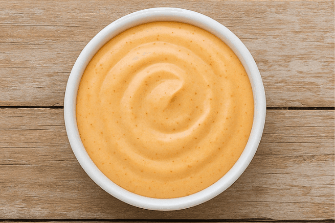 Overhead view of a bowl of creamy orange Dave’s Hot Chicken Sauce on a wooden table, featuring a smooth texture with a swirl pattern.