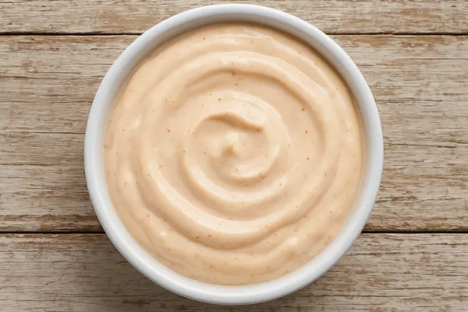 Ghost pepper ranch sauce in a white bowl on a wooden table, creamy spicy dip with smooth texture.