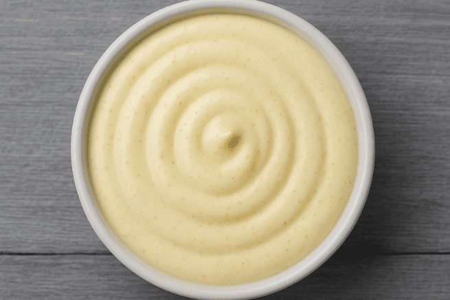 Close-up of creamy, smooth Panera Signature Sauce in a bowl with a swirling pattern on top.