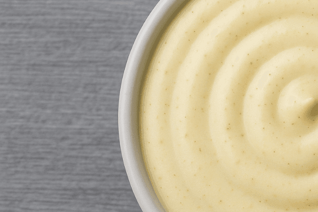 Close-up of creamy, smooth Panera Signature Sauce in a bowl with a swirling pattern on top, shot from the side.