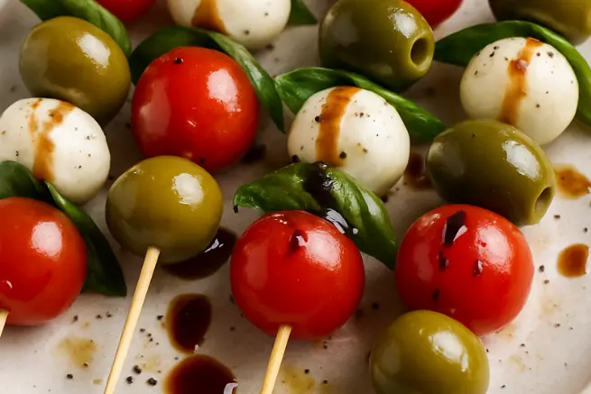 Caprese skewers with cherry tomatoes, mozzarella balls, green olives, fresh basil, and balsamic glaze
