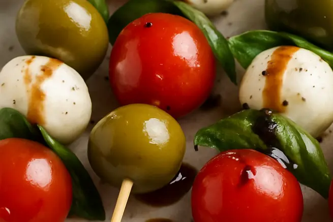 Close-up of Caprese skewers with cherry tomatoes, green olives, mozzarella balls, basil leaves, and balsamic drizzle