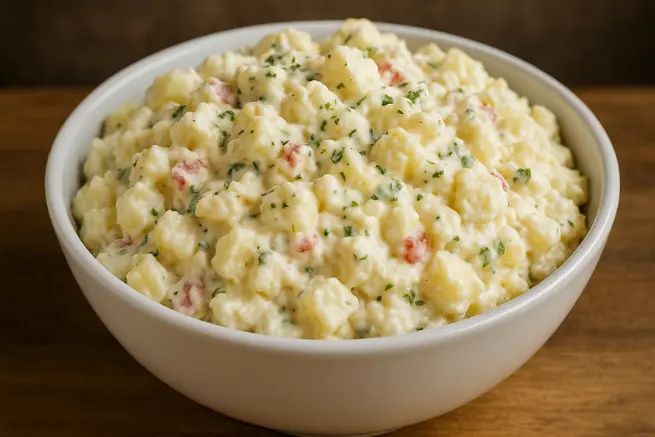 Creamy potato salad with diced vegetables in a white bowl on a wooden table – Juan Pollo style