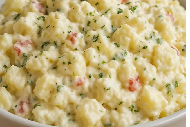 Close-up of creamy Juan Pollo potato salad with diced potatoes, carrots, and herbs in a white bowl