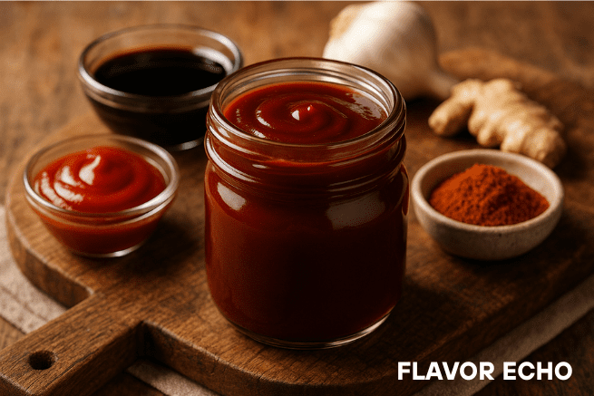 Homemade Wendy’s-style BBQ sauce in a glass jar surrounded by key ingredients like ketchup, soy sauce, garlic, ginger, and paprika on a wooden board.