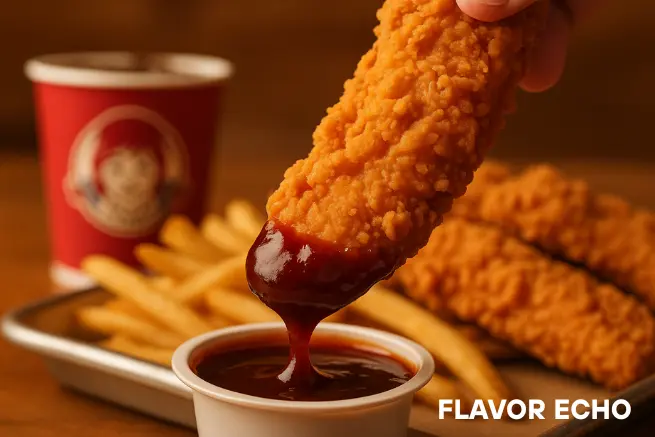 Crispy chicken tender being dipped into a cup of rich BBQ sauce, with fries and a drink in the background.