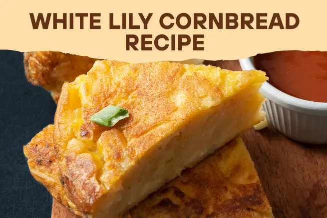 White Lily Cornbread Recipe title overlay on a golden, crispy cornbread slice with dipping sauce, styled on a rustic wooden board