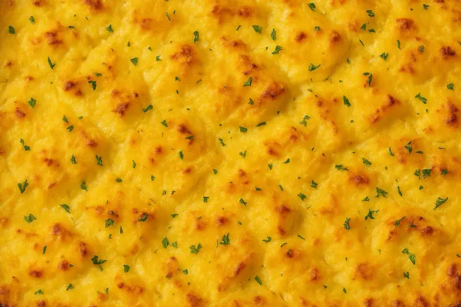 Close-up of golden-brown Nevas Potatoes topped with melted cheese and finely chopped parsley, showing a creamy, crispy texture.