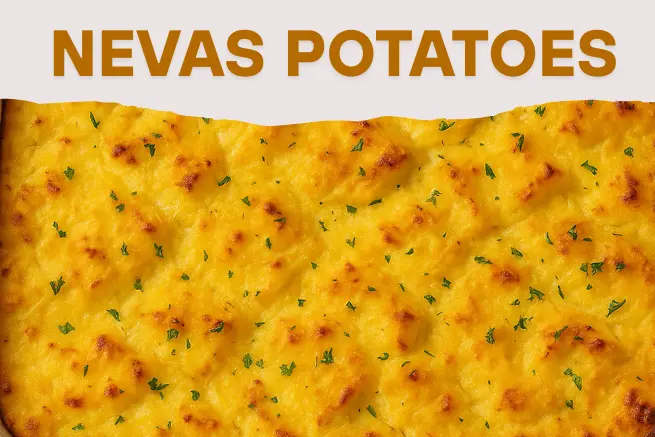 Text "Nevas Potatoes" over a golden, cheesy baked potato dish topped with parsley, showcasing its crispy, creamy surface in a visually appetizing layout.