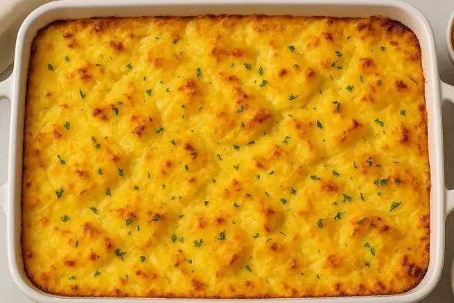 Golden-baked Nevas Potatoes in a white casserole dish, topped with melted cheese and a sprinkle of fresh parsley.