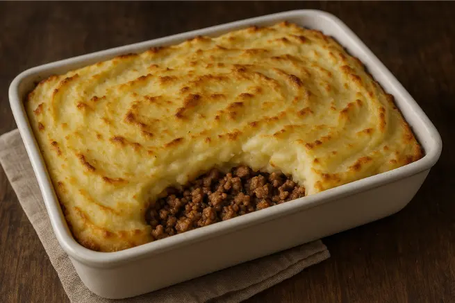 A baked potato turbate with a golden mashed potato crust partially scooped out, revealing a savory ground meat filling underneath, served in a white rectangular ceramic dish on a beige cloth over a wooden table.