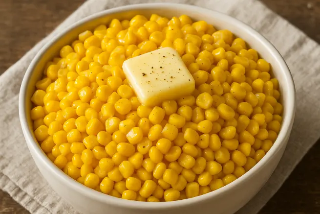 Bowl of Texas Roadhouse-style buttered corn topped with a square of melting butter and a sprinkle of black pepper.