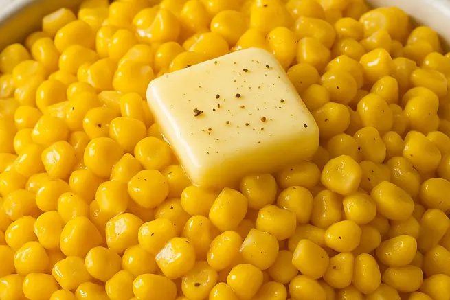 Close-up of buttery sweet corn topped with a melting pat of butter and cracked black pepper, inspired by Texas Roadhouse.