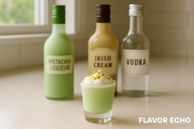 A pistachio liqueur cocktail shot with whipped cream and pistachio garnish, with bottles of pistachio liqueur, Irish cream, and vodka in the background.