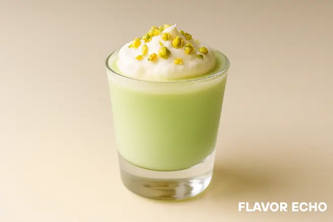 Close-up of a pistachio liqueur cocktail topped with whipped cream and pistachio nuts in a glass.