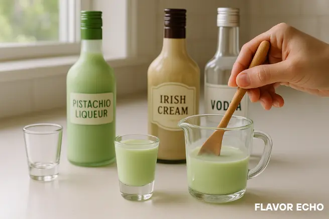 Person stirring pistachio liqueur cocktail in a measuring cup with a wooden spoon, surrounded by bottles of pistachio liqueur, Irish cream, and vodka.