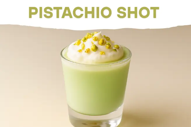 Pistachio shot cocktail topped with whipped cream and pistachio garnish in a glass, with bold text 'PISTACHIO SHOT