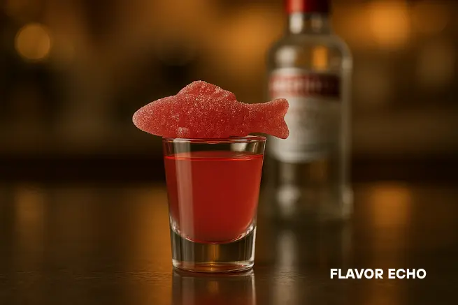 Red Swedish Fish Shot with gummy candy on top of a shot glass and blurred vodka bottle in background
