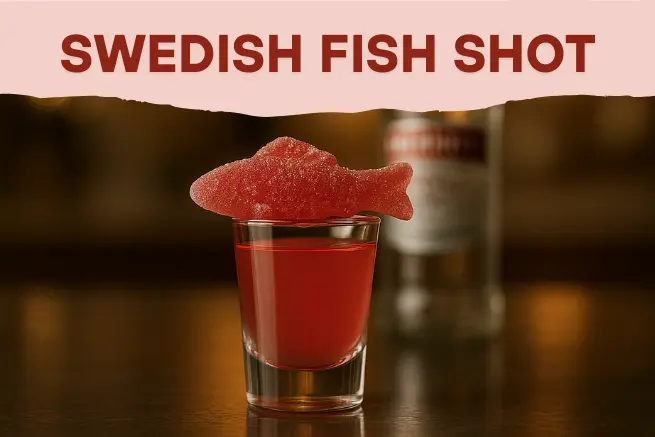 Swedish Fish Shot garnished with red gummy candy, labeled cocktail image with blurred vodka bottle