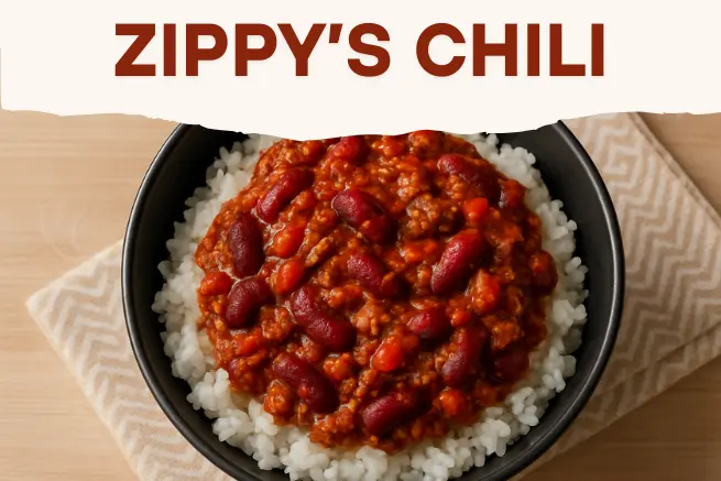 Zippy's Chili served in a black bowl over steamed white rice, featuring hearty red kidney beans and savory ground beef in a rich tomato sauce, placed on a beige napkin with a wooden background – classic Hawaiian comfort food.