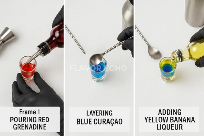 Step-by-step preparation of a Superman Shot showing pouring red grenadine, layering blue curaçao with a spoon, and adding yellow banana liqueur.