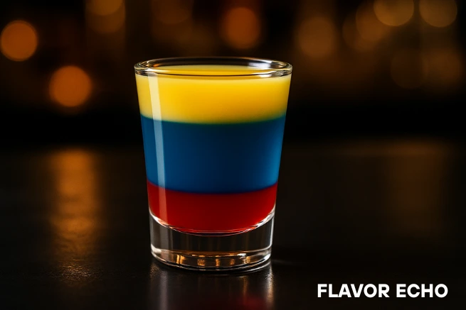 Layered Superman Shot cocktail in a glass with vibrant red, blue, and yellow layers against a dark background.