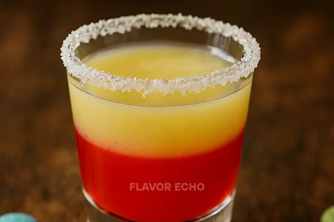 Close-up of a sweet tart shot with sugar rim, yellow and red layered drink in a clear glass on a rustic wooden background
