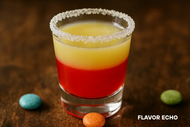 Sweet tart cocktail shot with sugar rim and vibrant red-yellow layers, surrounded by colorful candy on wooden surface