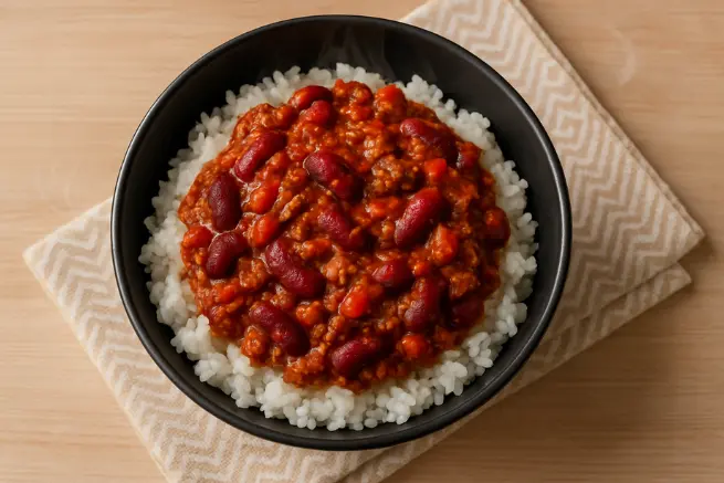 A top-down view of a black bowl filled with white rice topped with Zippy's chili, made of red kidney beans and ground meat in a thick red sauce, placed on a light beige patterned napkin over a wooden surface.